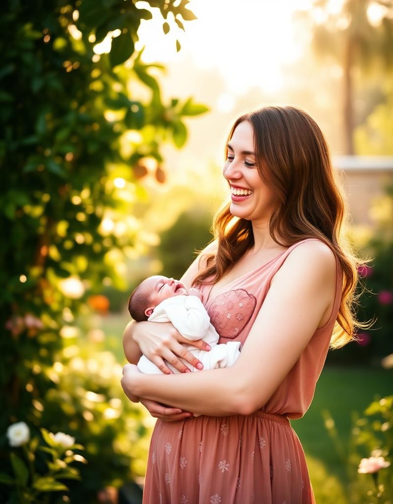 A mother laughing while holding her newborn in golden afternoon light